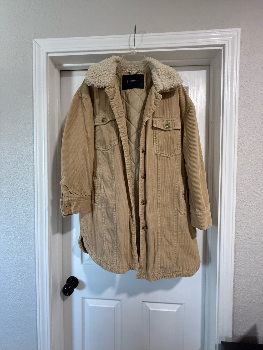 Lucky Brand Women's Tan Corduroy Field Coat with Cream Sherpa Collar